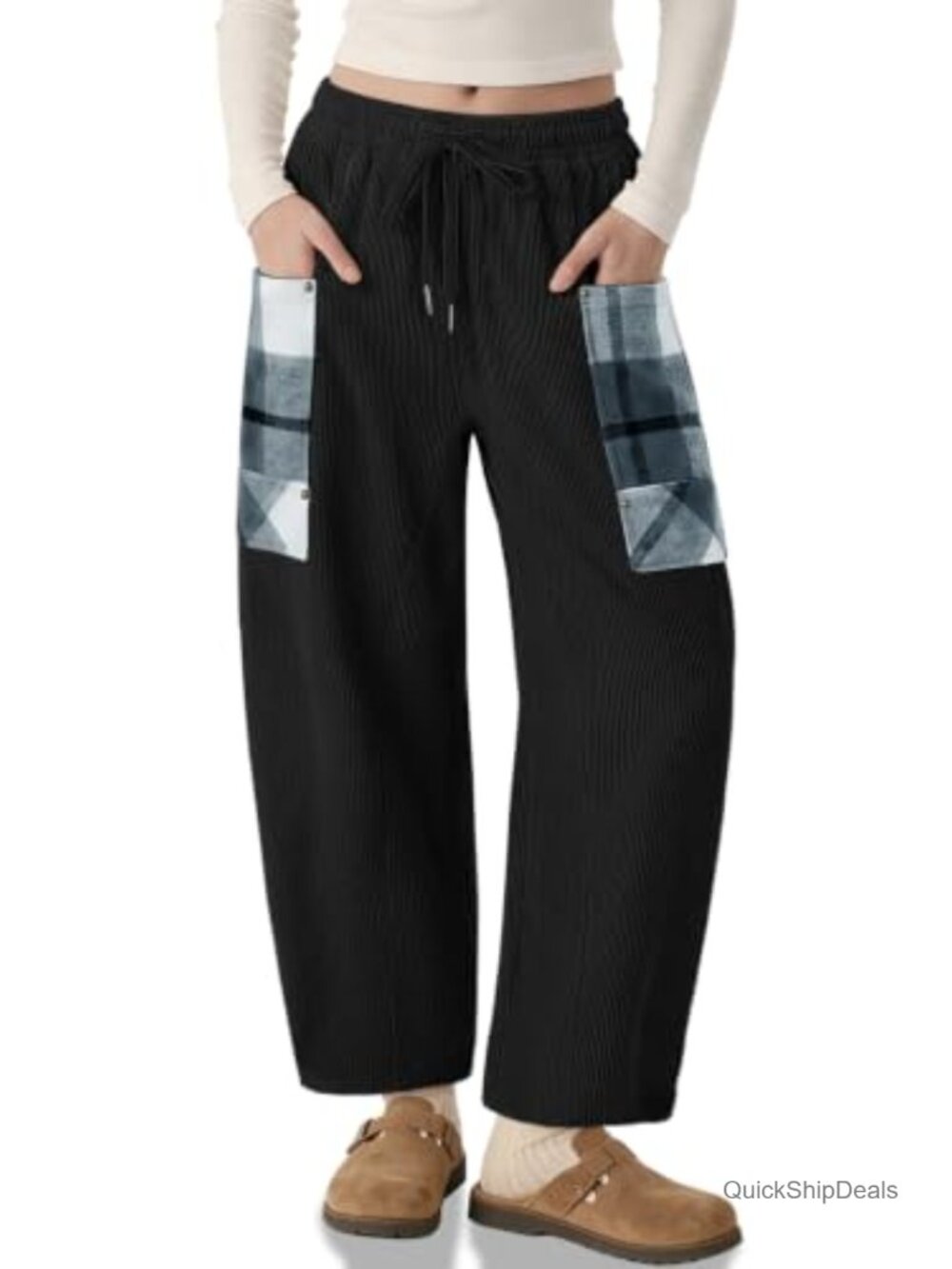 Women's Corduroy Barrel Pants Wide Leg Plaid Patchwork Baggy Drawstring Trousers
